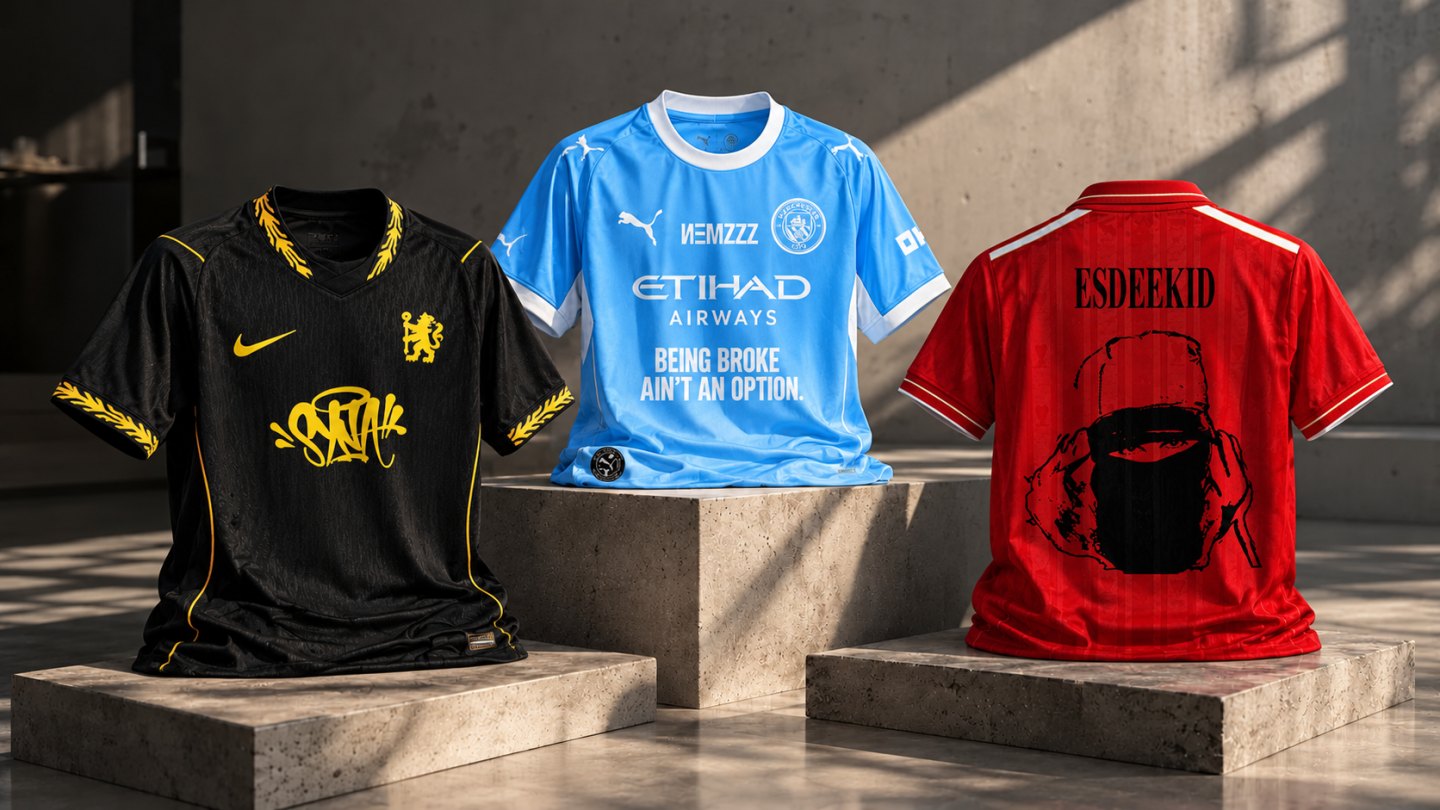 Three shirts from the Football x Artists collection on stone pedestals